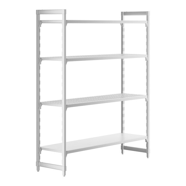 A white Cambro Camshelving® Premium stationary unit with 3 vented shelves and 1 solid shelf.