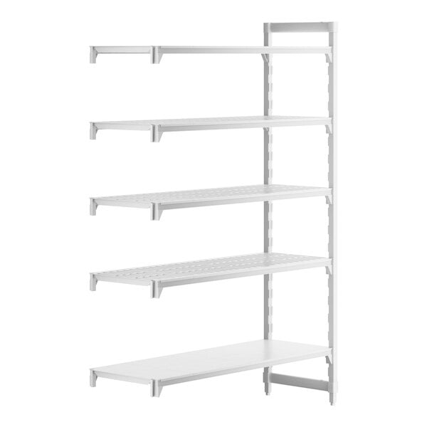 A white plastic Cambro Camshelving® add-on unit with 4 vented and 1 solid shelf.