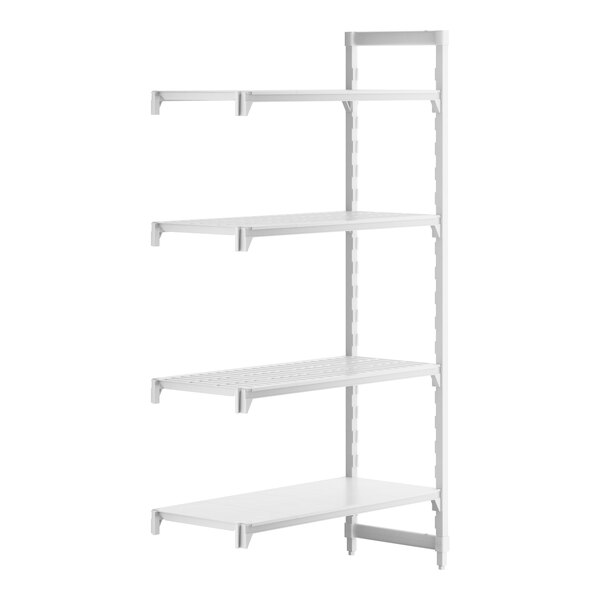 A white plastic shelving unit with 3 white vented shelves and 1 white solid shelf.