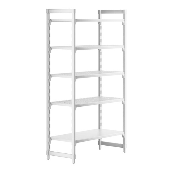 A white plastic Camshelving unit with 4 white vented shelves and 1 white solid shelf.