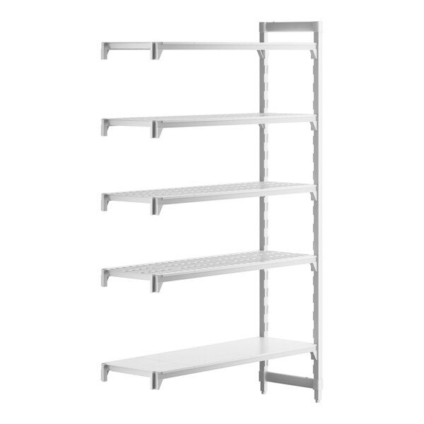 A white plastic Cambro Camshelving® Premium stationary add-on shelving unit with vented and solid shelves.