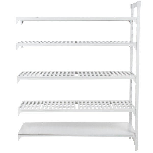 A white metal Cambro Camshelving® Premium add-on unit with 4 shelves.