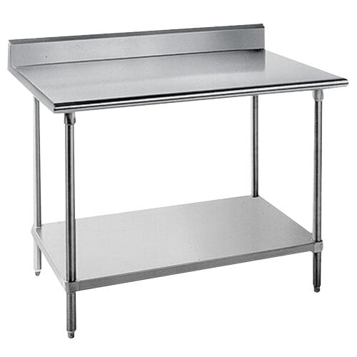 An Advance Tabco stainless steel work table with a galvanized undershelf.