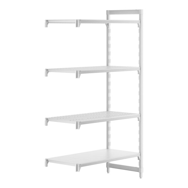 A white Cambro Camshelving Premium add-on unit with 3 shelves.