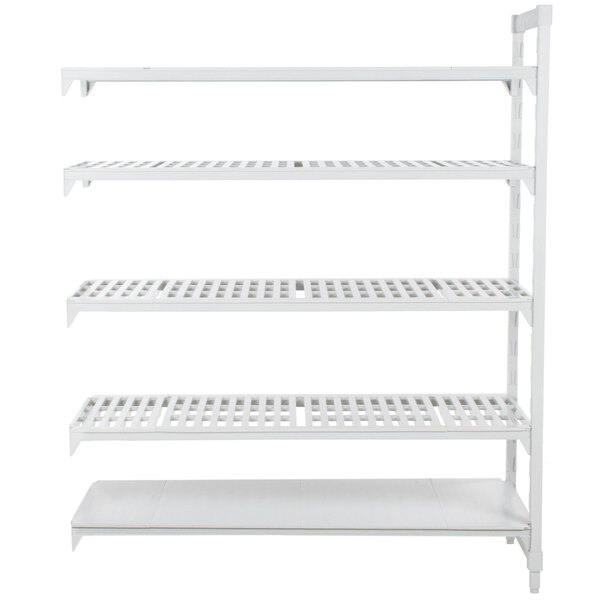 A white metal Cambro Camshelving® Premium add-on unit with 4 shelves.