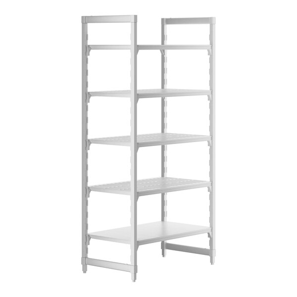 A white plastic Cambro Camshelving Premium unit with 4 vented shelves and 1 solid shelf.
