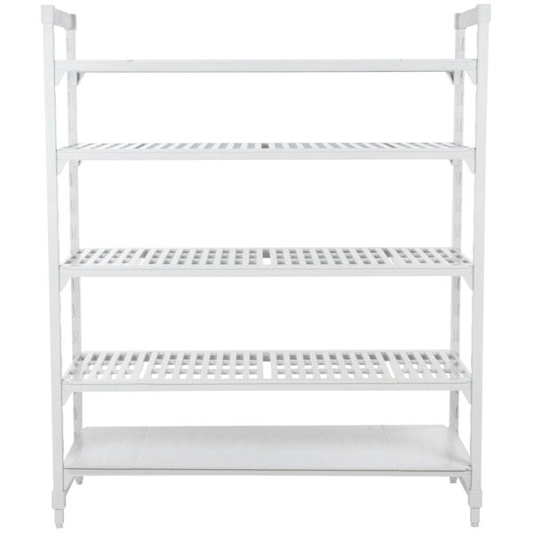 A white Cambro Camshelving Premium stationary unit with 4 vented shelves and 1 solid shelf.