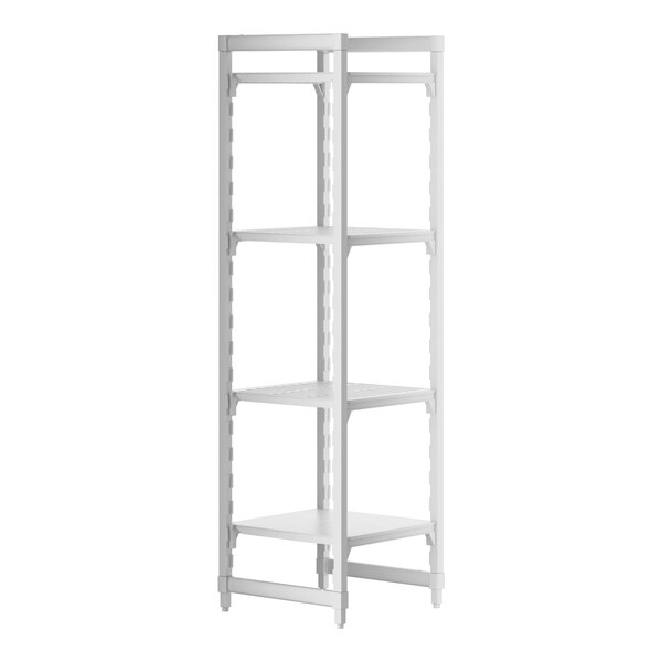 A white Cambro Camshelving® Premium stationary unit with 3 vented shelves and 1 solid shelf.