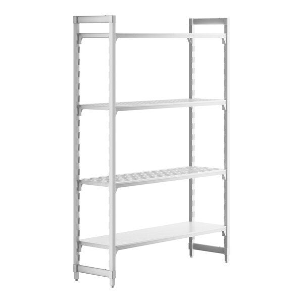 A white plastic Cambro Camshelving® Premium stationary unit with 3 vented shelves and 1 solid shelf.