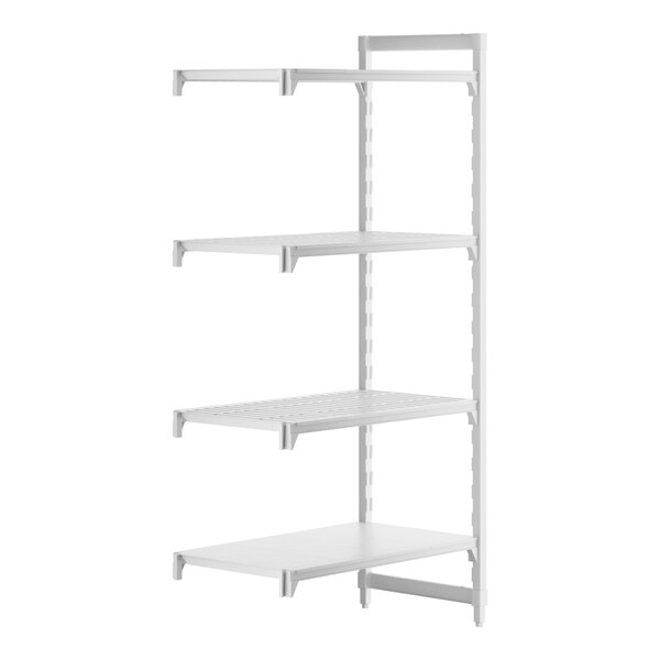 A white Cambro Camshelving® Premium stationary add-on unit with 3 vented shelves and 1 solid shelf.