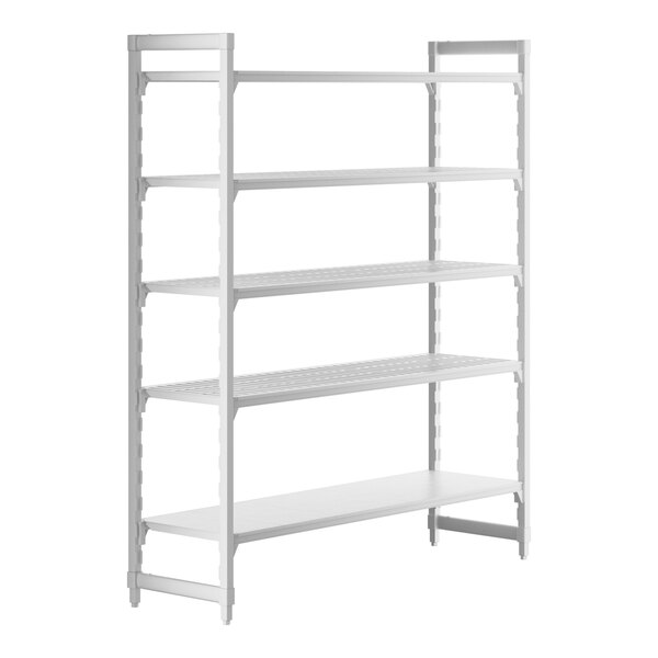 A white Cambro Camshelving® Premium stationary unit with shelves.