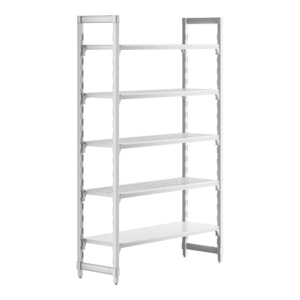 A white Cambro Camshelving® Premium stationary starter unit with 4 shelves.
