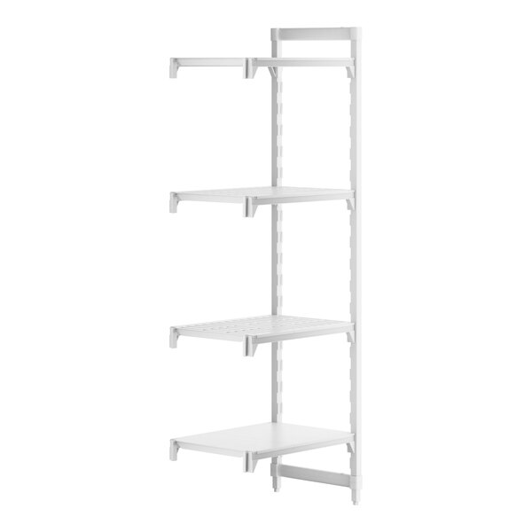 A white Cambro Camshelving® stationary add-on unit with vented and solid shelves.