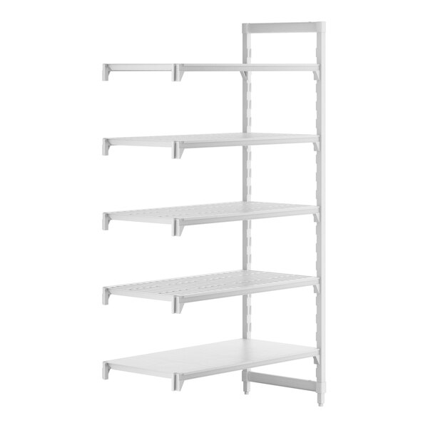 A white Cambro Camshelving® add-on unit with 4 shelves, 3 vented and 1 solid.