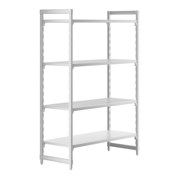 A white Camshelving® Premium stationary unit with three vented shelves and one solid shelf.
