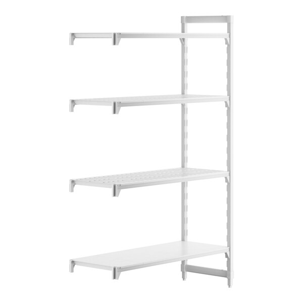 A white rectangular Cambro Camshelving Premium add-on unit with 3 vented shelves and 1 solid shelf.