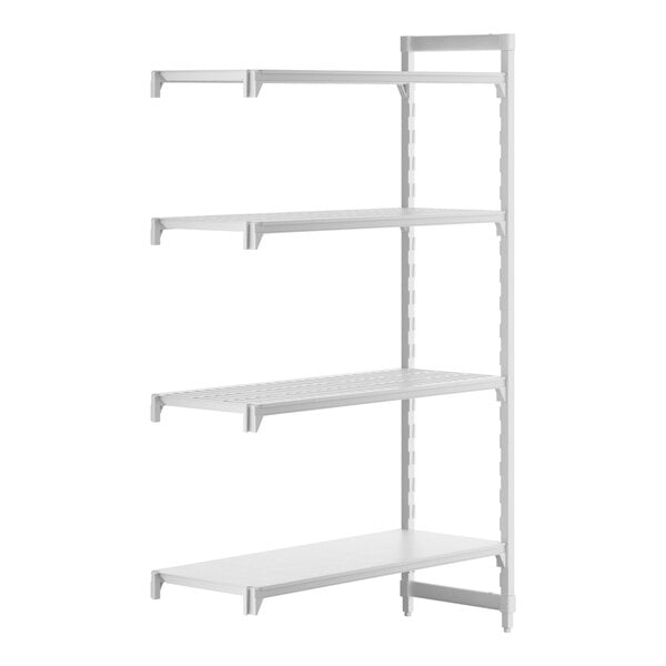 A white rectangular Cambro Camshelving® add-on unit with 3 vented shelves and 1 solid shelf.