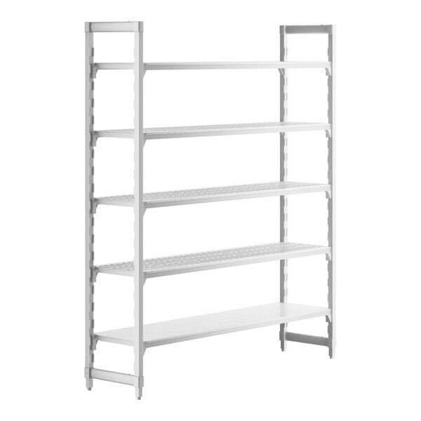 A white Cambro Camshelving Premium stationary unit with 4 vented shelves and 1 solid shelf.