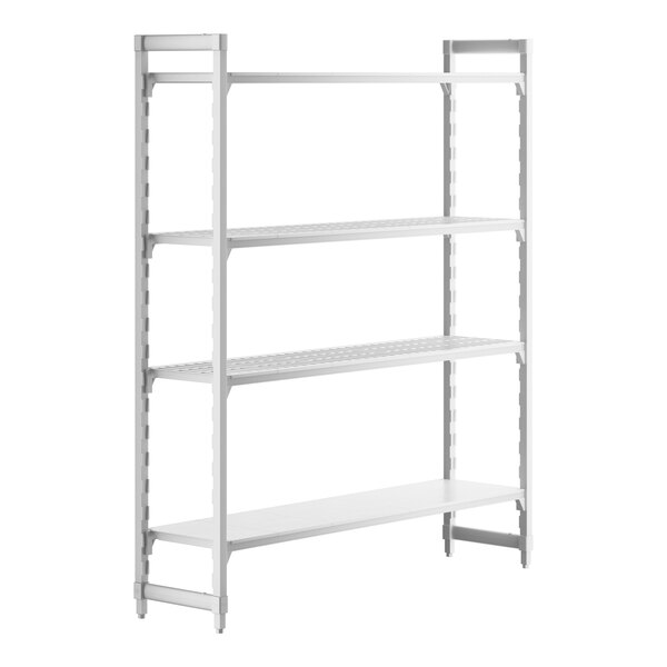 A white Cambro Camshelving® Premium stationary unit with 3 vented shelves and 1 solid shelf.