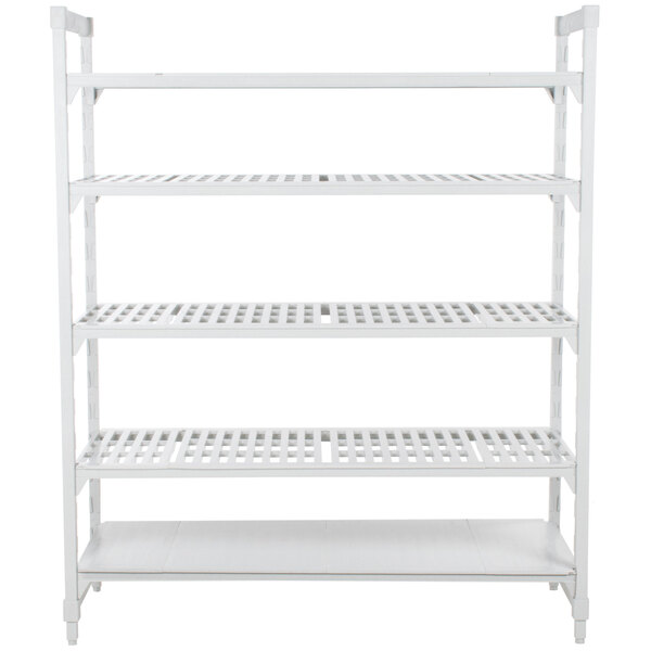 A white Cambro Camshelving® Premium stationary unit with 4 vented shelves and 1 solid shelf.