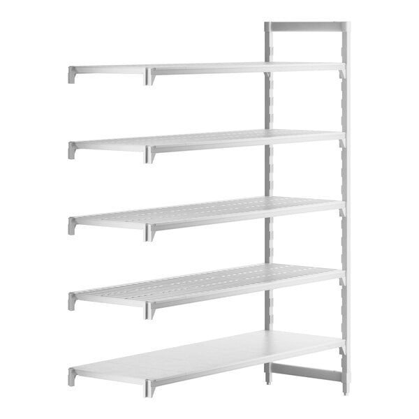 A white rectangular Cambro Camshelving Premium stationary add-on shelving unit with 4 vented shelves and 1 solid shelf.