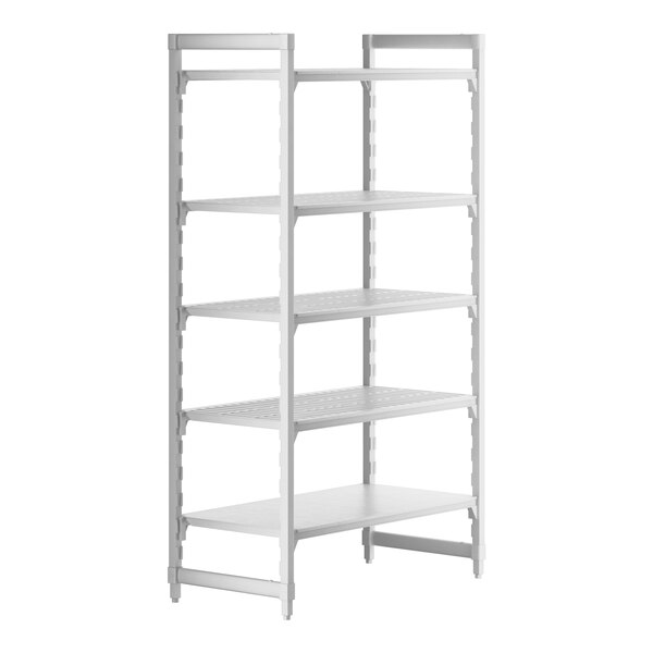 A white plastic Camshelving Premium stationary starter unit with 4 vented shelves and 1 solid shelf.