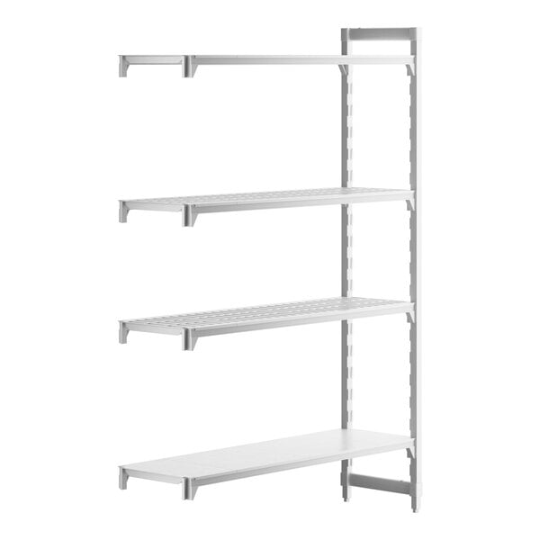 A white rectangular Cambro Camshelving unit with three white vented shelves and one white solid shelf.