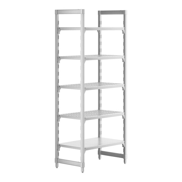 A white Cambro Camshelving® Premium stationary unit with vented and solid shelves.