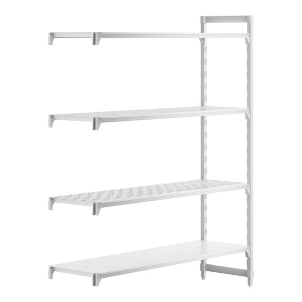A white rectangular Cambro Camshelving Premium add-on unit with 3 vented shelves and 1 solid shelf.
