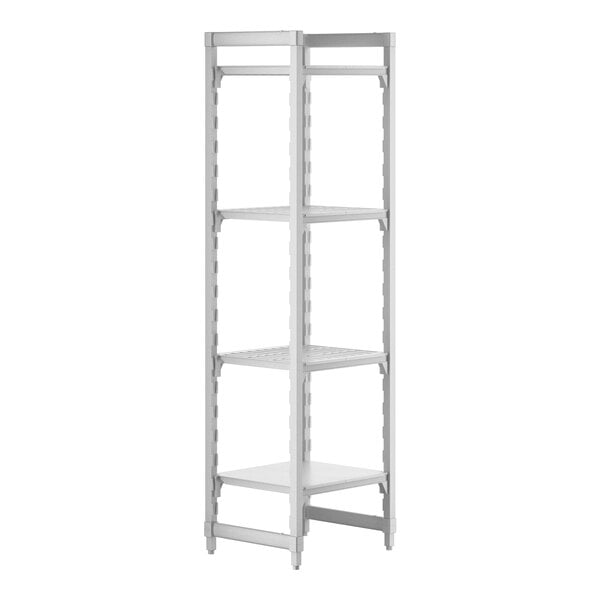 A white plastic Cambro Camshelving® stationary unit with 3 vented shelves and 1 solid shelf.