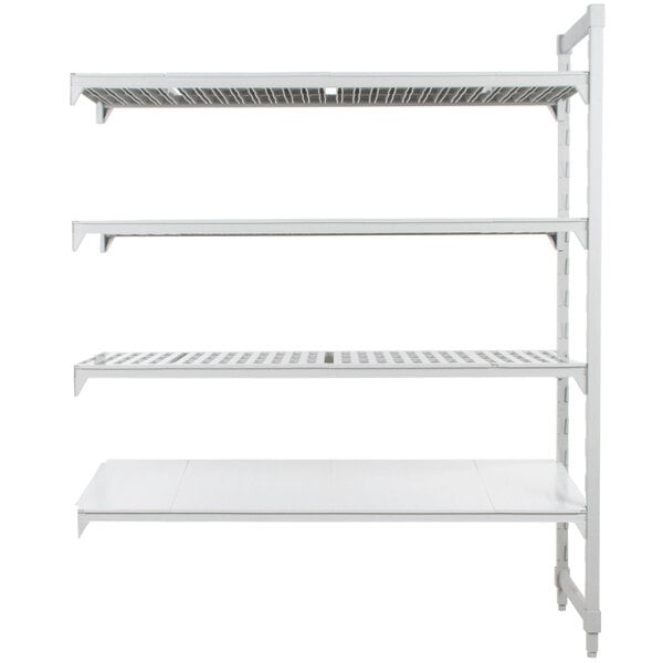 A white Cambro Camshelving Premium stationary add-on unit with 3 vented shelves and 1 solid shelf.