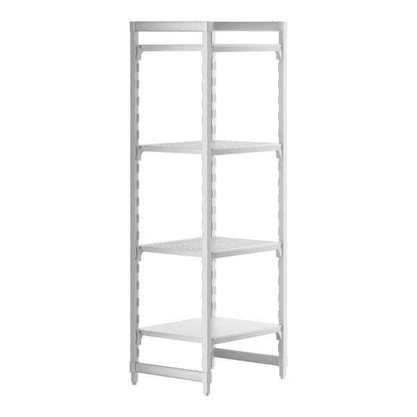 A white plastic Cambro Camshelving unit with 3 vented shelves and 1 solid shelf.