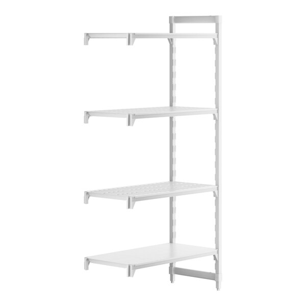 A white Cambro Camshelving Premium Add-On Unit with 3 vented shelves and 1 solid shelf.