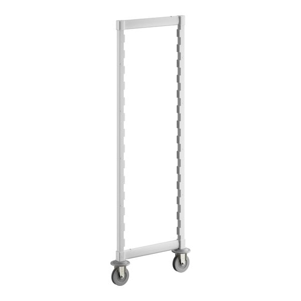 A tall, rectangular metal shelving post kit with two vertical supports, horizontal bars at the top and bottom, and two caster wheels at the base.