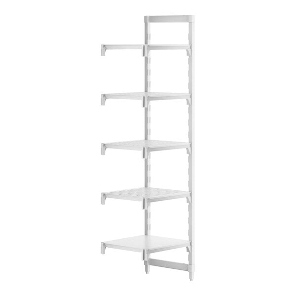 A white Camshelving® Premium stationary add-on shelf with 4 vented shelves and 1 solid shelf.