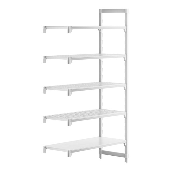A white plastic Cambro Camshelving® add-on unit with 4 shelves.