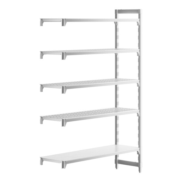 A white rectangular Cambro Camshelving® add-on unit with 4 vented shelves and 1 solid shelf.