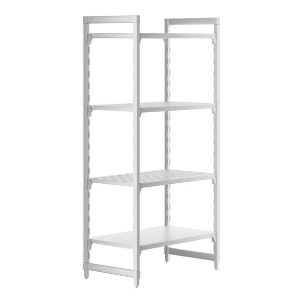 A white plastic Cambro shelving unit with 3 vented shelves and 1 solid shelf.
