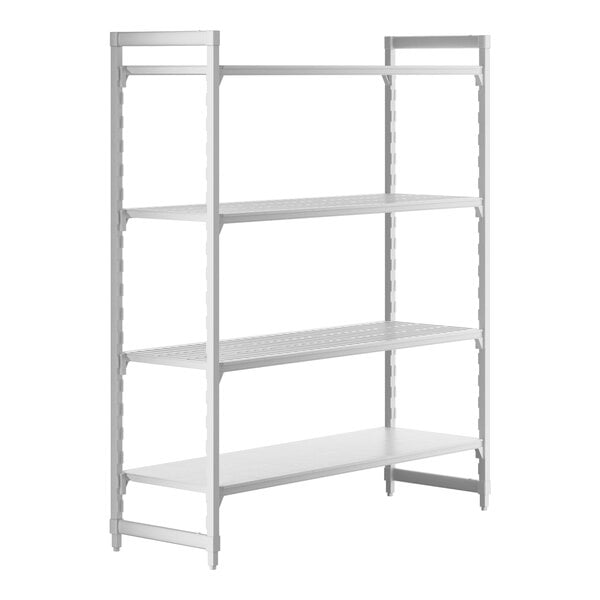 A white metal Cambro Camshelving® stationary starter unit with 3 vented shelves and 1 solid shelf.