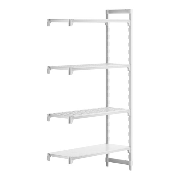 A white plastic shelf with three vented shelves and one solid shelf.