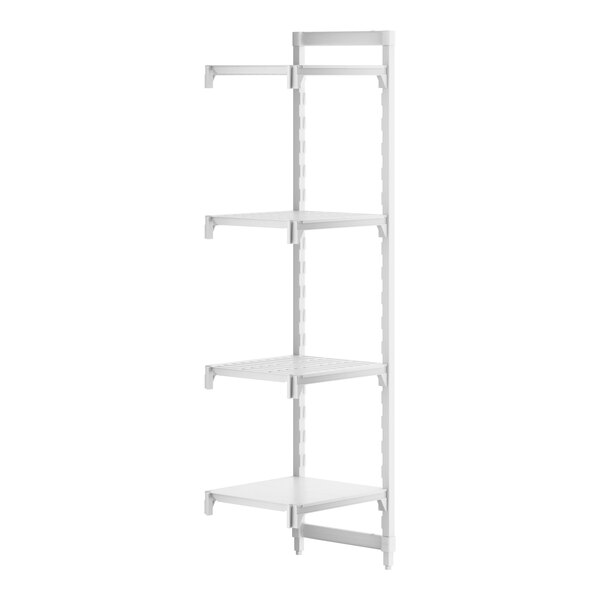 A white Cambro Camshelving Premium add-on unit with 3 vented and 1 solid shelf.
