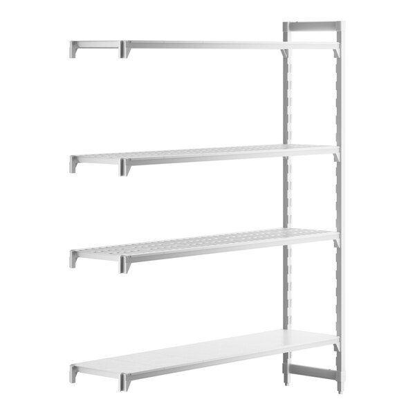 A white rectangular Cambro Camshelving Premium add-on unit with 3 vented shelves and 1 solid shelf.