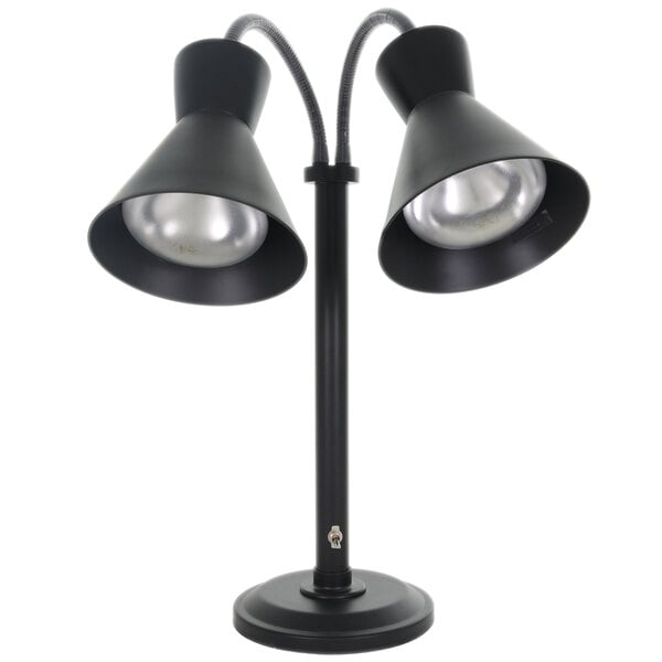 A black Hanson Heat Lamps freestanding dual bulb heat lamp.