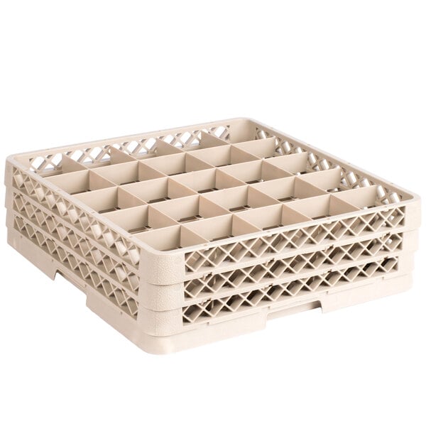 A beige Vollrath Traex glass rack with compartments.