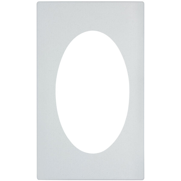 A white rectangular frame with an oval cutout.