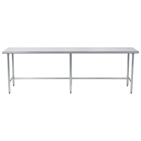 A long stainless steel Advance Tabco work table with an open base.