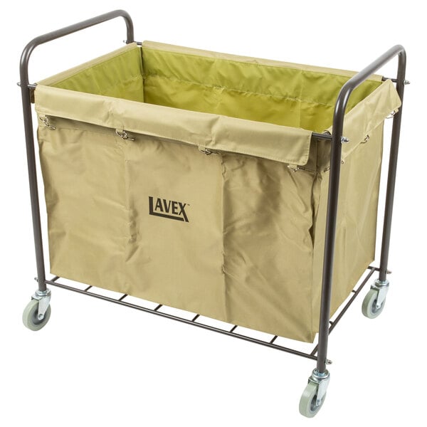 A large tan and black Lavex Commercial laundry cart with black metal frame and wheels.