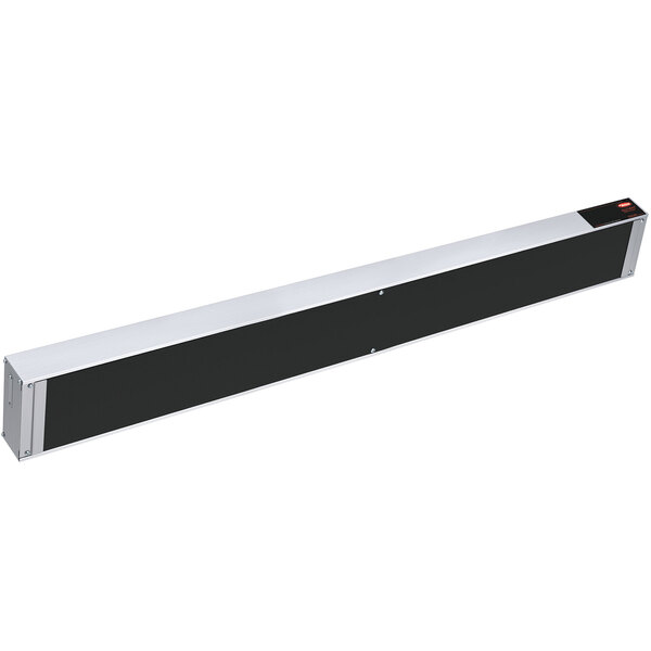 A long black and silver rectangular Hatco strip warmer with white rectangular heating elements.