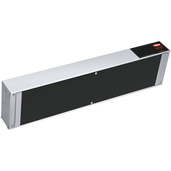 A rectangular black and silver metal box with a black and silver label.