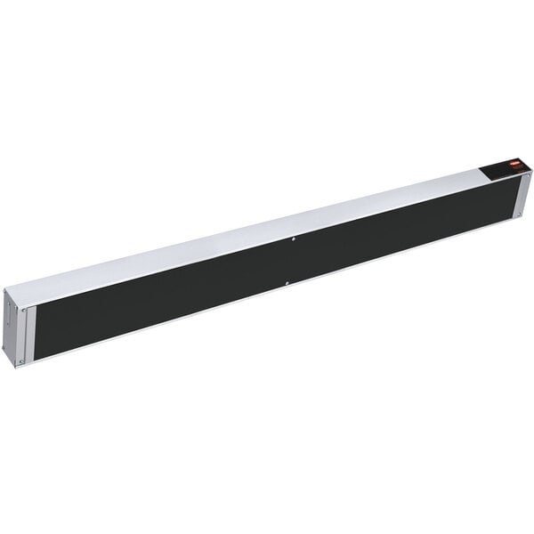 A long black rectangular metal bar with black and silver ends and a button.